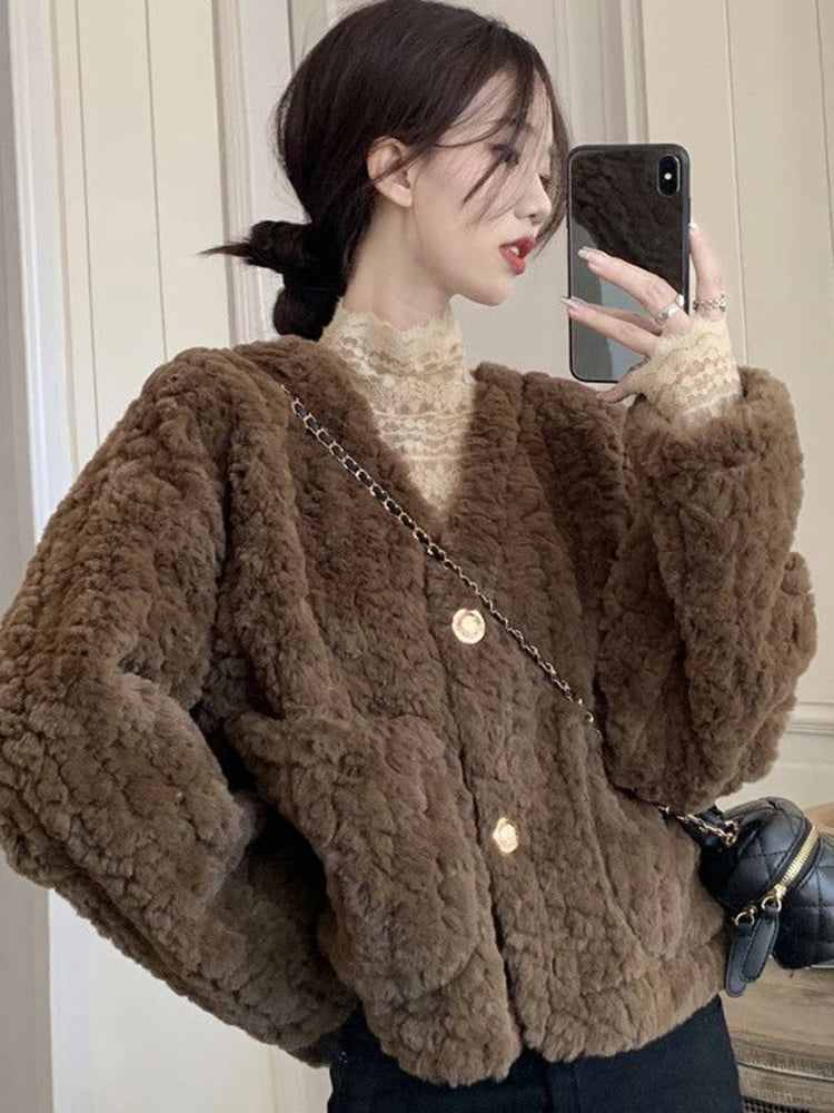 Koisoon Elegant Faux Fur Lamb Coats Women Winter Thick Sweet Korean Jackets Fashion Warm Plush Long Sleeve Casual Buttons Outwear