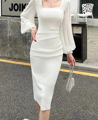 Koisoon Women Spring Square Collar Sexy Party White Dress Split Lantern Sleeve OL Sheath Female Bodycon Vestidos Slim Fit Dresses