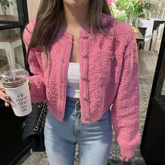 Koisoon Korean Style Pink Round Neck Cropped Cardigans for Women Chic Button Long Sleeve Knitted Coats Woman Pocket Bling Short Cardigan