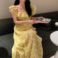 Koisoon 2024 Vintage Floral Midi Dress Women Sweet Print Square Neck A Line Dresses Korean Vacation Yellow Flying Sleeves Slim dress