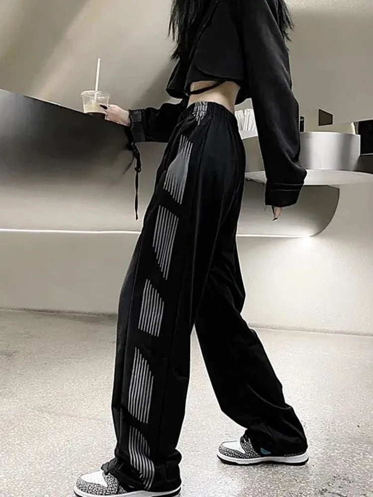 Koisoon Harajuku Retro High Waist Black Sweatpants Women Fashion Loose Striped Streetwear Casual Trousers Korean All Match Pants