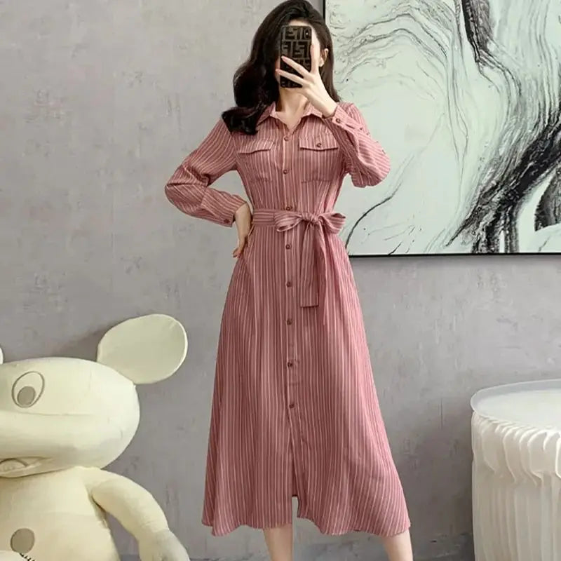 Koisoon Spring New Women Striped Long Sleeve Shirt Dress Fashion Lace Up Elegant Lady Turn-Down Collar Single Breasted Robe Dresses