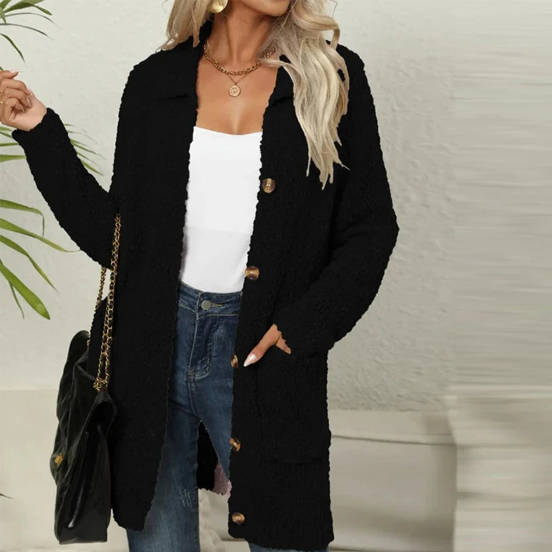 Koisoon Elegant Single Breasted Winter Jackets Women Casual Lapel Collar Solid Loose Outwear Stylish Autumn Faux Lamb Fleece Coats