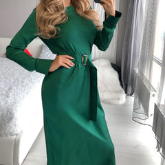 Koisoon Elegant Women Slim O-Neck Satin Dresses Female Chic Casual Long Sleeve Long Dress with Belt Luxury Solid Bag Hip Party Dress