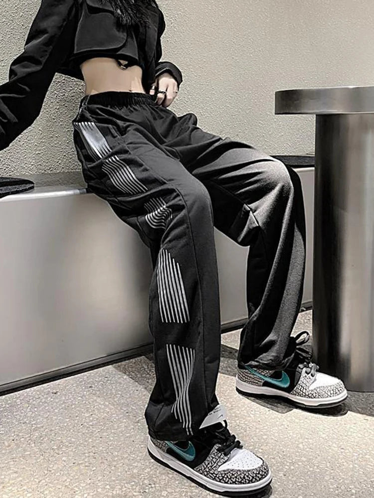 Koisoon Harajuku Retro High Waist Black Sweatpants Women Fashion Loose Striped Streetwear Casual Trousers Korean All Match Pants