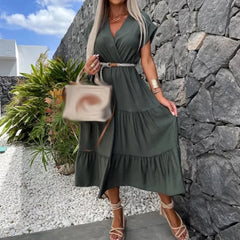 Koisoon Sexy Wrap V-neck Pleated A-Line Dress Women Spring High Waist Solid Office Lady Long Dress Summer Short Sleeve Boho Maxi Dresses