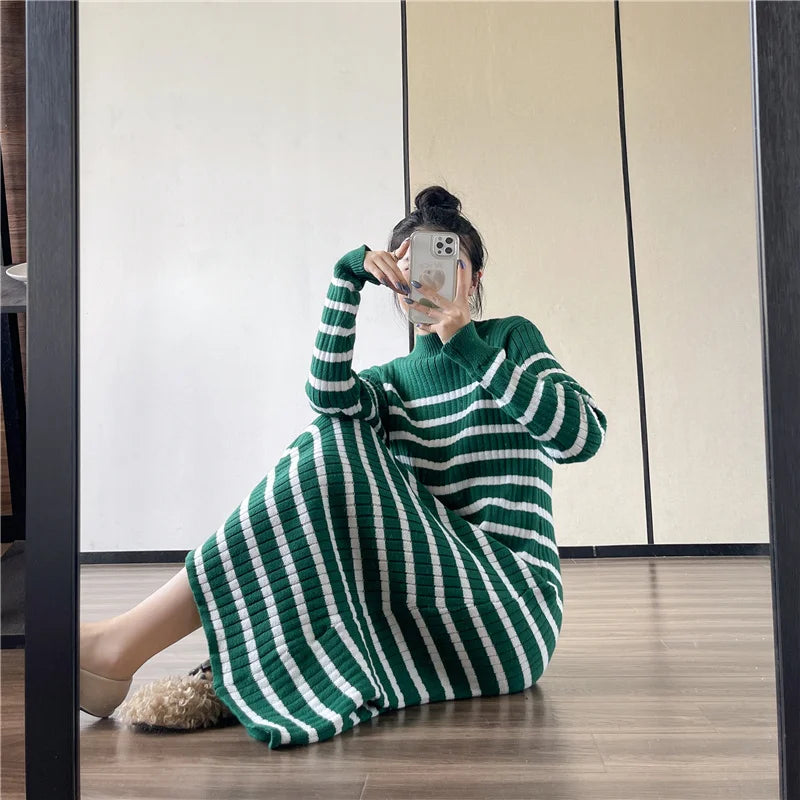 Koisoon Striped Knitted Robe Dresses Clothing For Women Autumn Winter Vintage Casual A Line Long Sleeve Maxi Sweater Dress Female