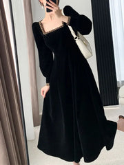 Koisoon New French Vintage Elegant Dresses for Women Long Sleeve Streetwear Office Lady Solid Square Collar New Autumn Winte Dress