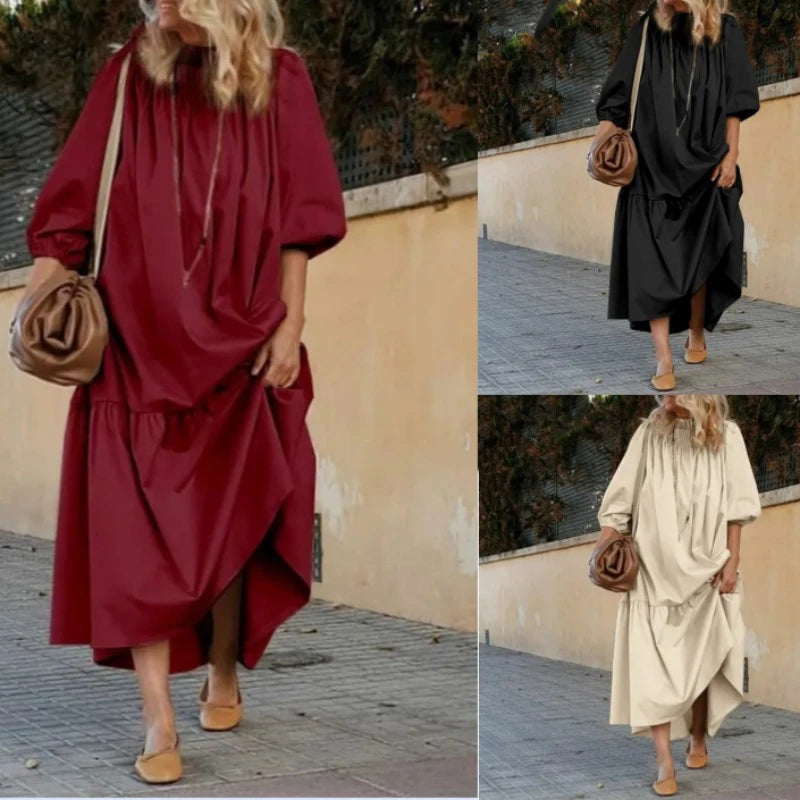 Koisoon 2024 Spring Fashion O-neck Pleated Long Dress Women Casual Solid Loose Boho Maxi Dress Autumn Lantern Long Sleeve Female Dresses