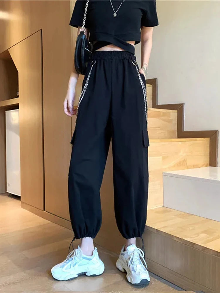 Koisoon Fashion Chain Caro Pants Women Elastic High Waist Sweatpants Black Grey Hip Hop Female Streetwear Drawstring Trousers New