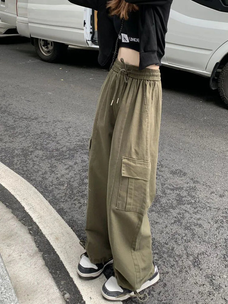 Koisoon Women Harajuku Cargo Pants Fashion Streetwear Pockets Loose Wide Leg Pants Female Elastic High Waist Casual Trousers New