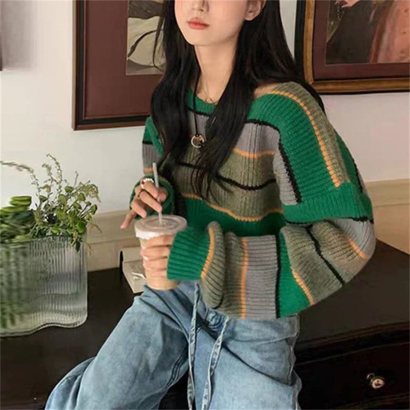 Koisoon Women Patchwork Pullovers Korean Streetwear Sexy Cropped Long Sleeves Knitted Sweaters Autumn Fashion Female Loose Top New