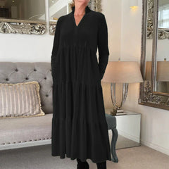 Koisoon Female Casual V-neck Pleated A-Line Party Dress 2024 Spring Elegant Solid Loose Boho Long Dress Autumn Long Sleeve Women Dresses