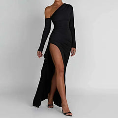 Koisoon Elegant Women Oblique Shoulder Thigh High Split Maxi Dress Long Sleeve Backless Bodycon Dresses Sexy Club Party Long Dresses