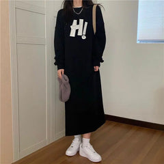 Koisoon Korean Fashion Autumn Winter Long Knee Length Dress Women's Round Neck Printed Letters Patchwork Loose Fleece Thick Warm Dresses