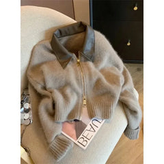 Koisoon Spliced Leather Collar Knit Sweater Fashion Double Zipper Cardigan Women's Autumn/Winter New Soft Vintage Long Sleeve Streetwear