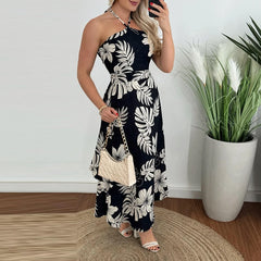 Koisoon Sexy Halter Hollow Sleeveless Holiday Dress New 2024 Summer Floral Print Ruffle Long Dress Fashion Backless Slim Party Dresses