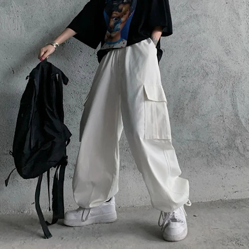 Koisoon Harajuku Women Cargo Pants Japan Style Casual Big Pocket Wide Leg Pants Summer All Match Female Loose Straight Trousers