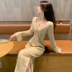 Koisoon French Knitted Dresses For Women Square Neck Long Flare Sleeve High Waist Temperament Long Dress Female Party Robe Clothes