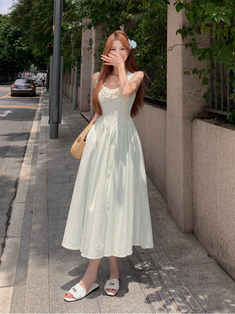 Koisoon French Vintage Backless Midi Dress Women Sweet Lace Bow Design Slim Strap Dress 2024 Summer Elegant Retro Evening Party Dress