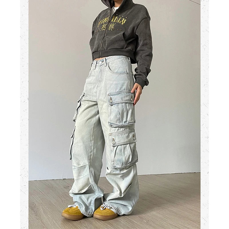 Koisoon Women Blue Jeans Hip Hop Streetwear High Waist American Wide Leg Pants Fashion Y2K Style Female Winter Straight Trousers