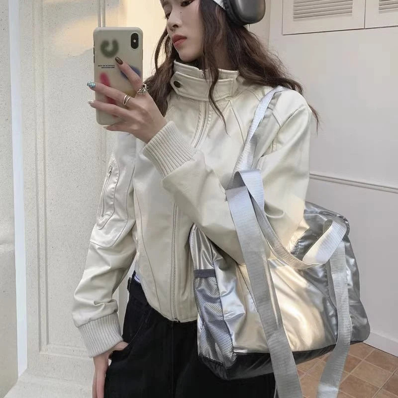 Koisoon Autumn Women Leather Jacket American Retro Streetwear Loose Motorcycle Coats Casual Female All Match Zipper Outerwear New