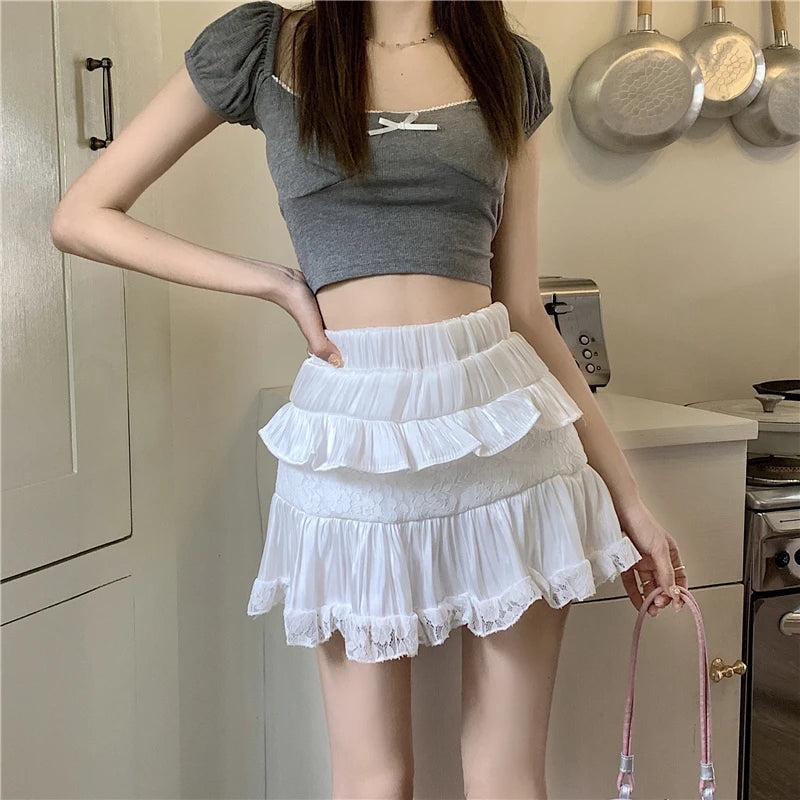 Koisoon Summer Sweet Skirts Women High Waist Slim A-line Gauze Jupe Faldas Mujer Korean Fashion Mini Skirt Black White Y2k Clothes