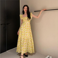 Koisoon 2024 Vintage Floral Midi Dress Women Sweet Print Square Neck A Line Dresses Korean Vacation Yellow Flying Sleeves Slim dress