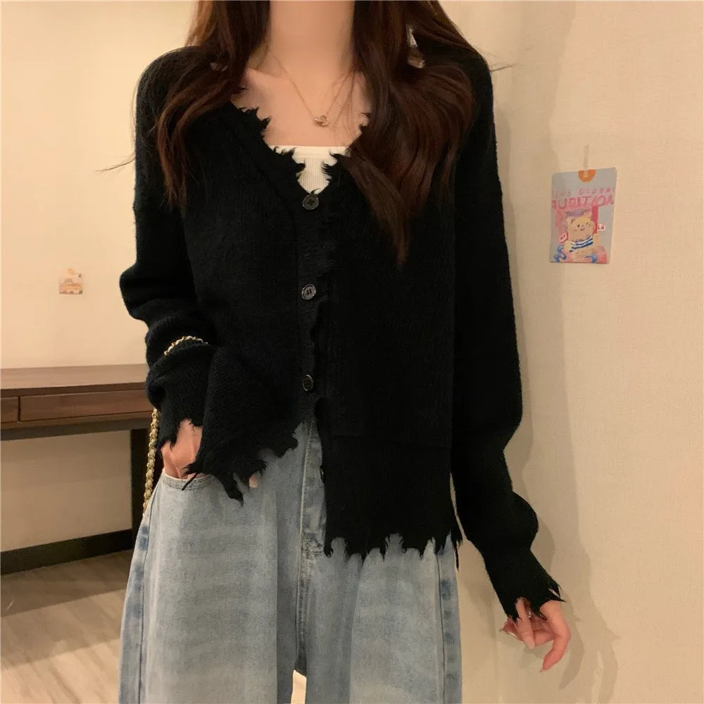 Koisoon French Style Sweater Cardigan Women Long Sleeve V-neck Frayed Sweaters Autumn Winter Cropped Kintted Cardigan Elegant Streetwear