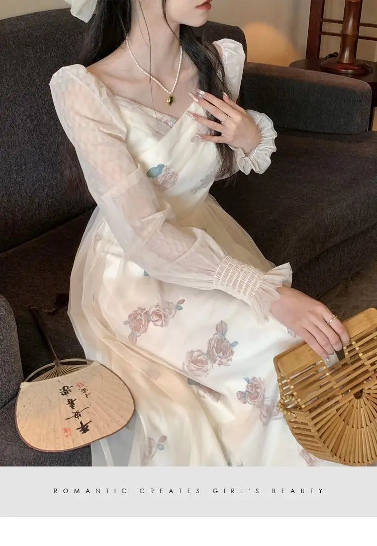 Koisoon Mesh Vintage Long Sleeve Midi Dress Women Casual Korean V-neck Long Fairy Dresses Elegant Women's Dresses for Party 2024 Spring