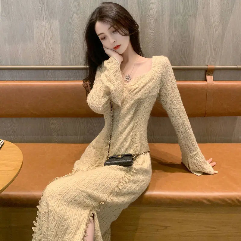 Koisoon French Knitted Dresses For Women Square Neck Long Flare Sleeve High Waist Temperament Long Dress Female Party Robe Clothes