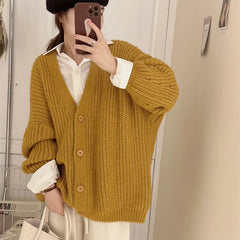 Koisoon V Neck Women's Oversize Cardigan Korean Fashion Long Sleeve Sweater Jacket Women Solid Single Breasted Chic Cardigans