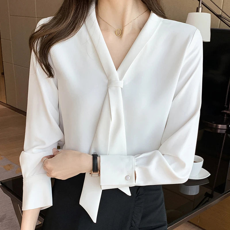 Koisoon Autumn Long Sleeve Chiffon Blouse Shirt Blouse Women Blusas Mujer De Moda Bow V-Neck Office Lady Blouse Tops Female Blouses