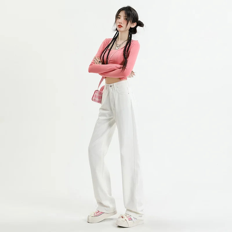 Koisoon White Cotton Wide Leg Jeans Spring and Summer Women High Waist Slim Original Dirty Korean Version Pink Design Straight Leg Jeans