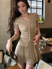 Koisoon Summer Korean Fashion Retro Two Piece Set Women Elegant Party Mini Skirt Set Female Bodycon Casual Tops+Pleated Skirt Suit