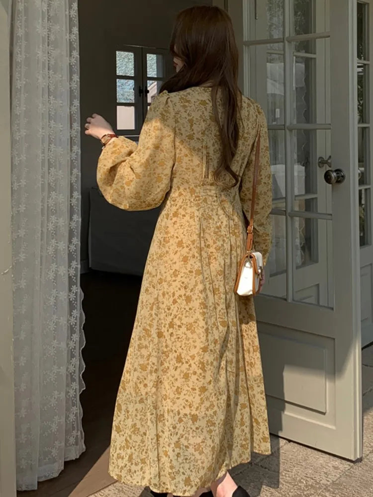 Koisoon Women Flora Print Vintage Long Dress New Puff Sleeve French Style A-line Holiday Robe Elegant V-neck Slim Vestidos Mujers