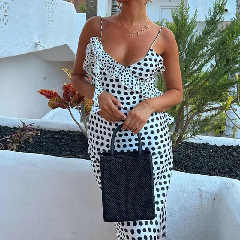 Koisoon Summer Polka Dot Flower Slim Club Party Dress Female V-Neck Ruffle Spaghetti Strap Cocktail Dress Elegant Banquet Long Dresses