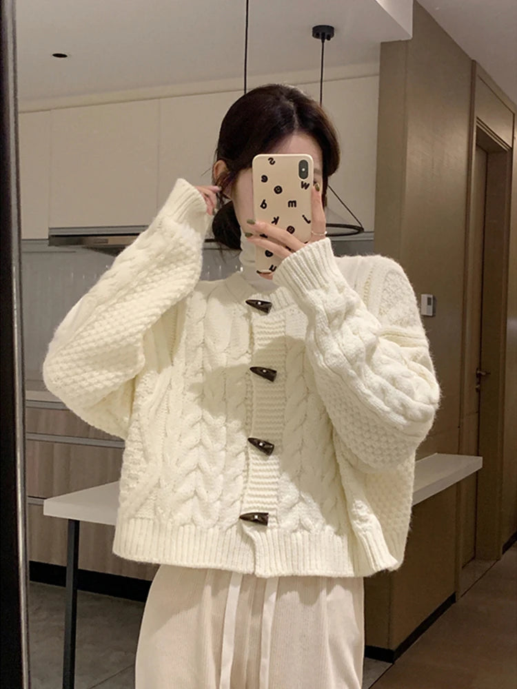 Koisoon Sweet Cute Solid Knitted Sweater Streetwear Autumn Winter Fashion Casual Soft Midi Knitted Loose Sweater Cardigan Thick Tops