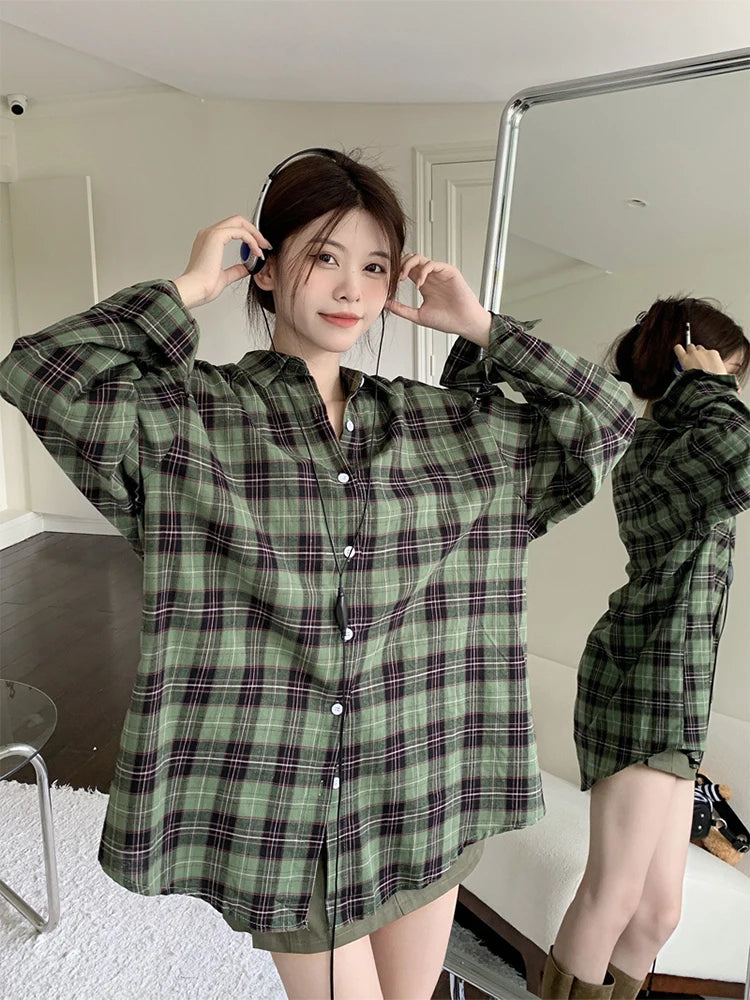 Koisoon Retro Classic Plaid Design Women Baggy Shirt Turn-down Collar Long Sleeve Female Blouses Spring Summer BF Vintage Oversize Chic