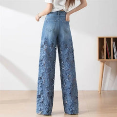 Koisoon Fashion Women's Jeans 2024 New Summer High-Waist Openwork Lace Stitching Denim Wide-Leg Pants Female Straight Trousers