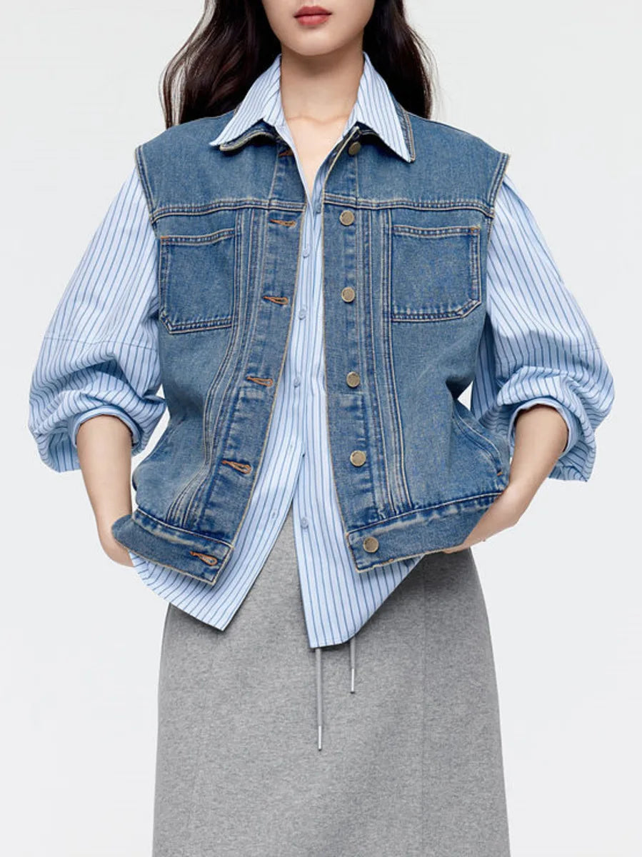 Koisoon Vintage Denim Vest Jacket Women Spring Summer Sleeveless Casual Top Blue Jean Waistcoat Coat Lady Oversize Pocket Outerwear