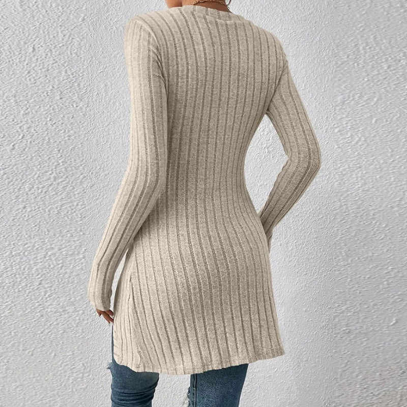 Koisoon Women Sexy Square Collar Rib Knitted Dress Spring Button Long Sleeve Bodycon T-shirts Dress Autumn Solid Split Hollow Mini Dress