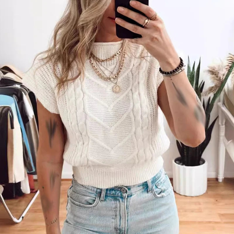 Koisoon Women Fashion Solid Twist Knitted Sweaters 2024 Spring Half High Collar Loose Top Pullover Summer Short Sleeve Vest Jumper Mujer