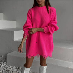 Koisoon Women Long Sleeve Mini Sweater Dress Autumn Winter Ripped Hole Knit Pullover Dress Casual Loose Oversize Knitted Short Dresses