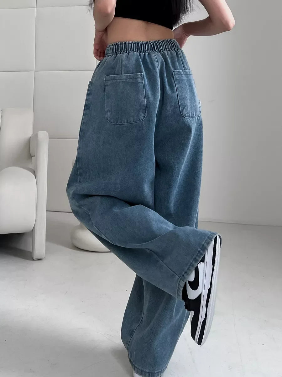 Koisoon Summer Women's Casual Harajuku Jeans Vintage Loose Elastic Waist Washed Pants Y2K Wide Leg Punk Baggy Denim Trouser