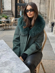 Koisoon Vintage Green Pockets Faux Fur Collar Women Jacket Vintage Buttons Long Sleeve Short Coats Autumn Winter Lady Street Outerwear