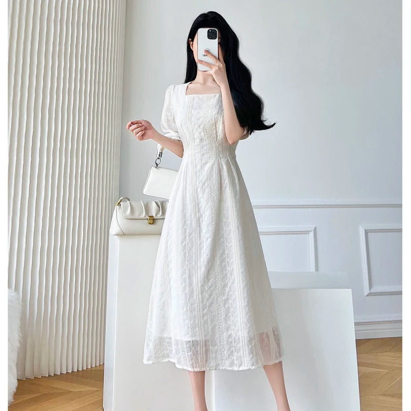 Koisoon Vintage Lace Midi Dresses for Women New Summer French Embroidery Square Neck Short Sleeve Elegant Fashion Female Clothes