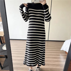 Koisoon Striped Knitted Robe Dresses Clothing For Women Autumn Winter Vintage Casual A Line Long Sleeve Maxi Sweater Dress Female