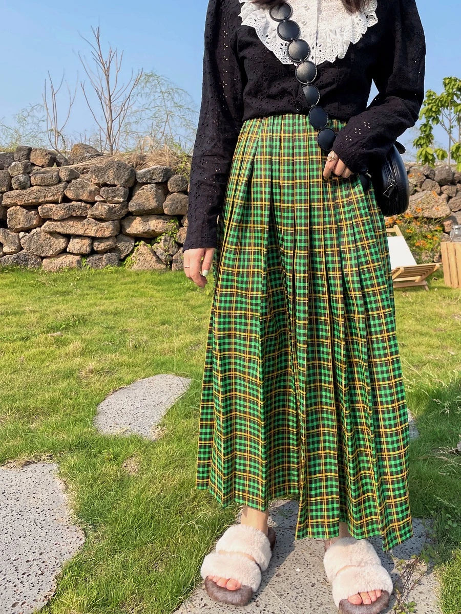 Koisoon Vintage Women Long Plaid Pleated Skirts For Female Thick Casual Loose High Waist A-Line Midi Skirt  Autumn Winter