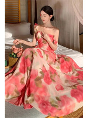 Koisoon Vintage Elegant Women's Pink Rose Print Dress Summer Square Collar Flounced Edge Slip Dress Beach Holiday Party Female Chothing